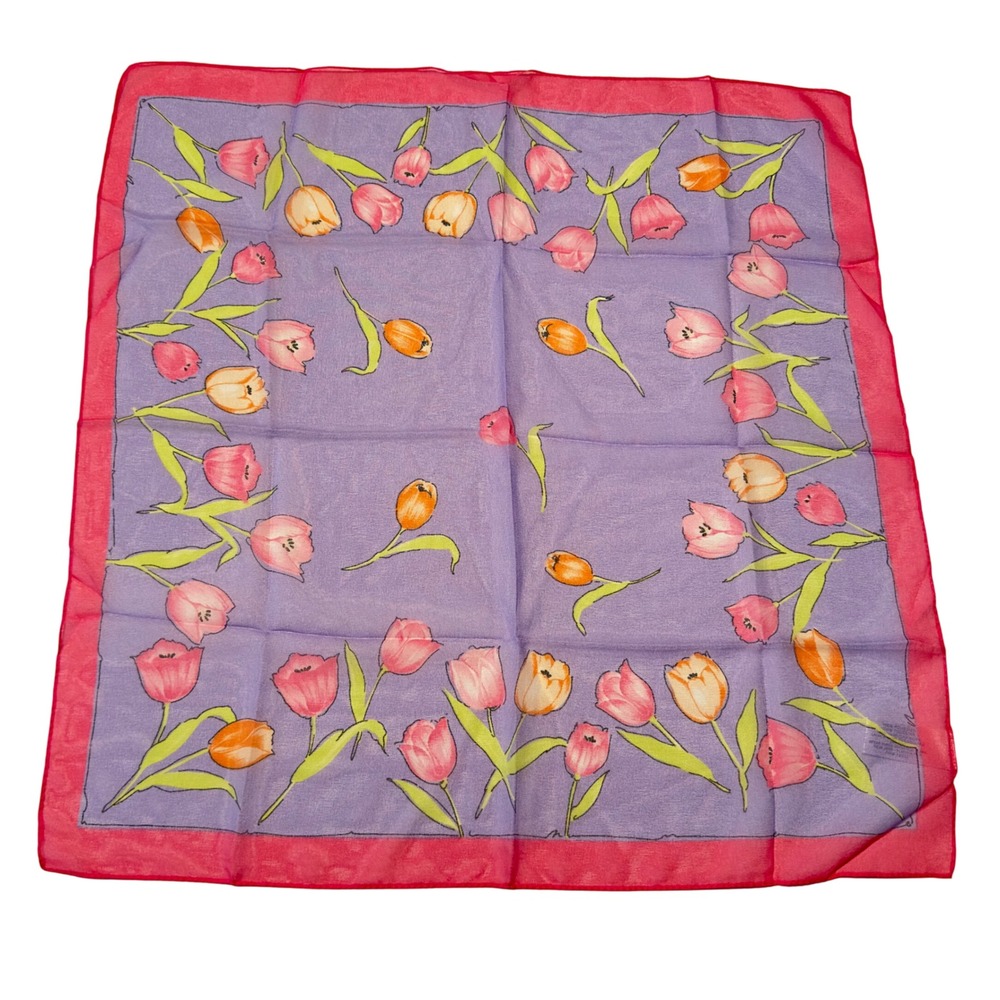 Kathie Lee Collection Purple Pink Tulip Floral Square Scarf Italy Y2K 90s Vintag